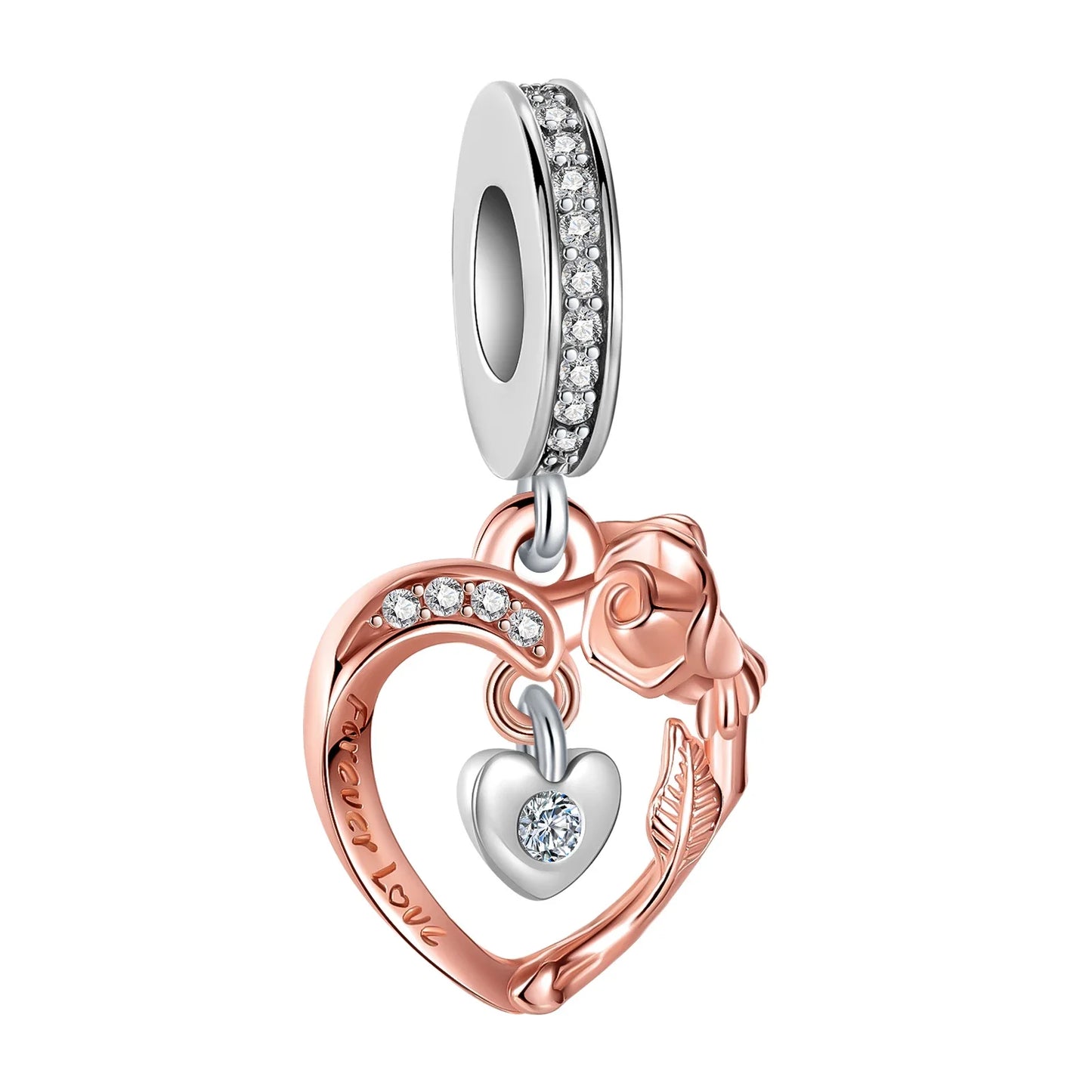 Sterling Silver Charms featuring a Heart-Shaped Love Pendant and Hollow Flower Beads