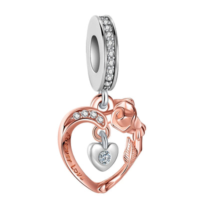 Sterling Silver Charms featuring a Heart-Shaped Love Pendant and Hollow Flower Beads